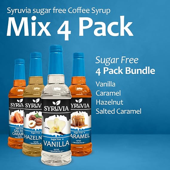 Syruvia Coffee Syrup Variety Pack Sugar Free Vanilla, Caramel, Hazelnut & Salted Caramel Kosher, 25.4 fl oz bottles - Elevate Your Coffee Experience!