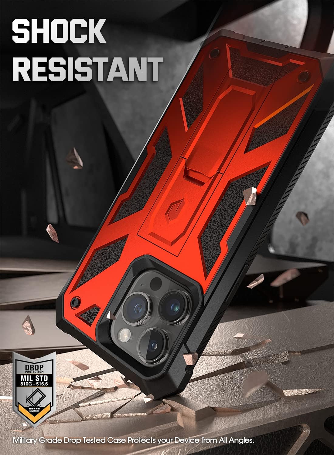 Poetic Compatible with iPhone 14 Pro Max Case, Spartan Phone Case for iPhone 14 Pro Max, Full Body Rugged Leather Texture Shockproof Protective Cover with Screen Protector and Kickstand, Metallic Red