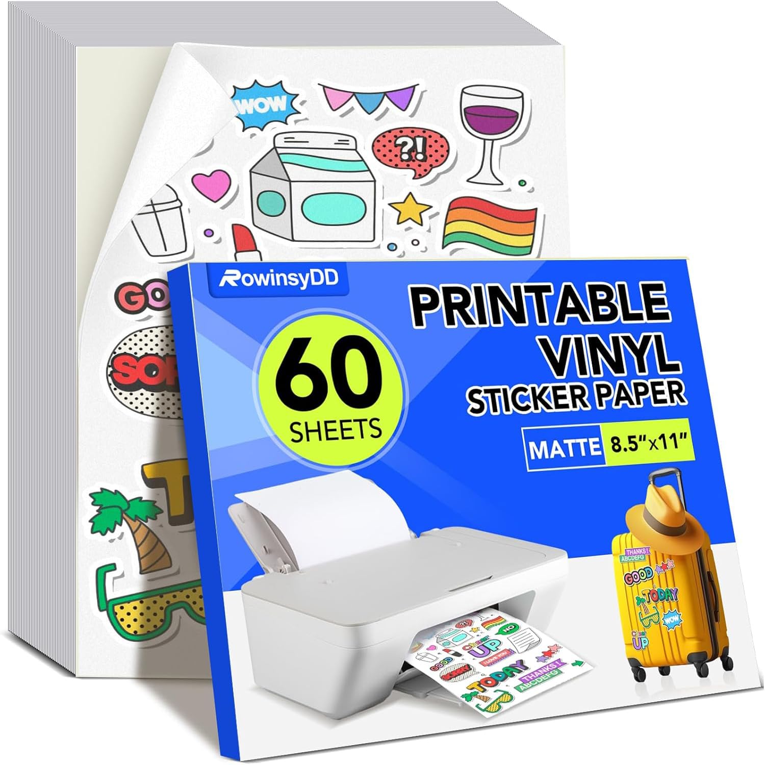 60 PCS Printable Vinyl Sticker Paper for Inkjet Printer & Laser Printer,Standard Letter Size 8.5"x11",Waterproof Sticker Paper Dries Quickly Vivid Colors,Matte White