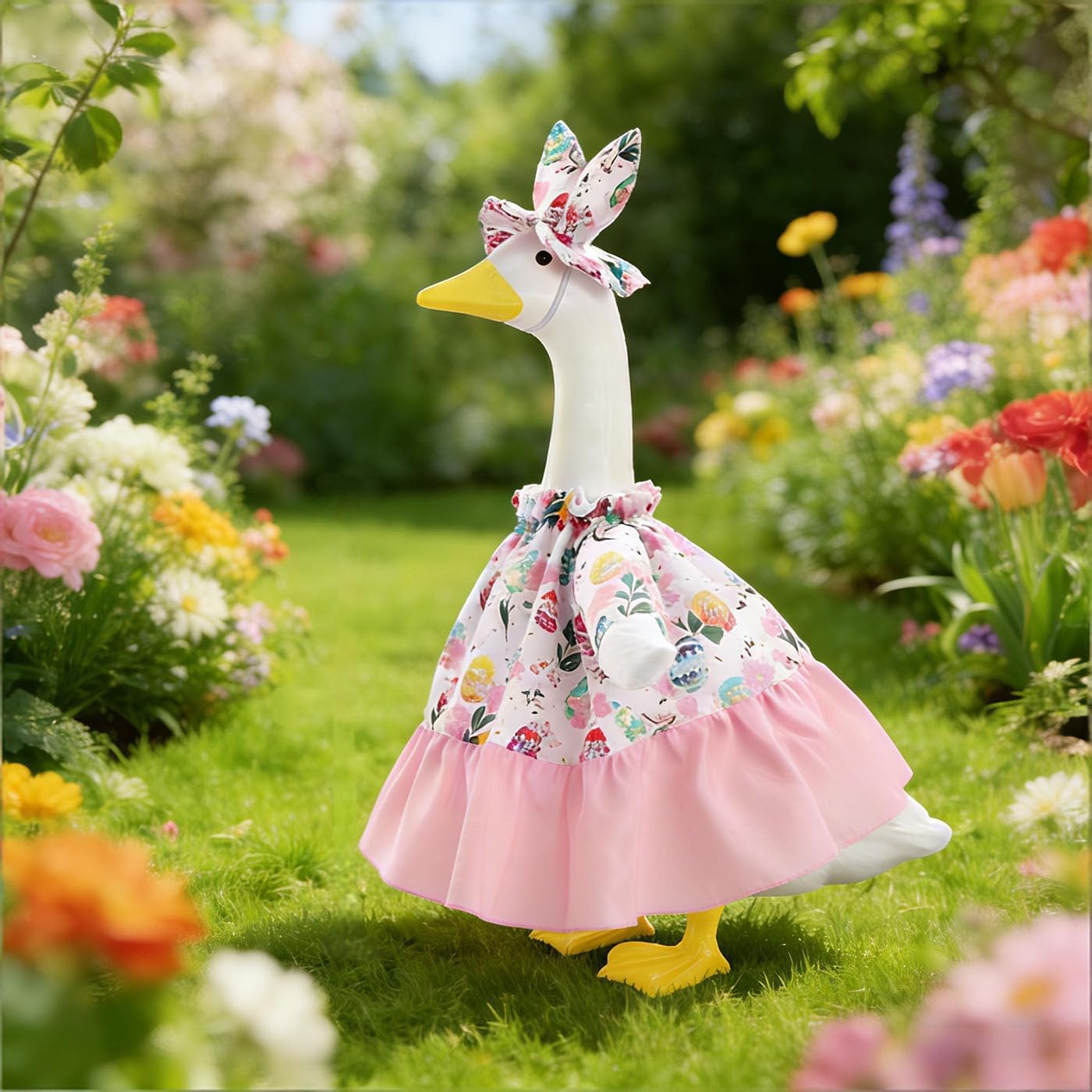 Porch Goose Easter Outfits Goose Clothes with Bunny Hat and Flowers Skirt for 23 inch Cement Plastic Geese Statue, Easter Spring Lawn Garden Decoration