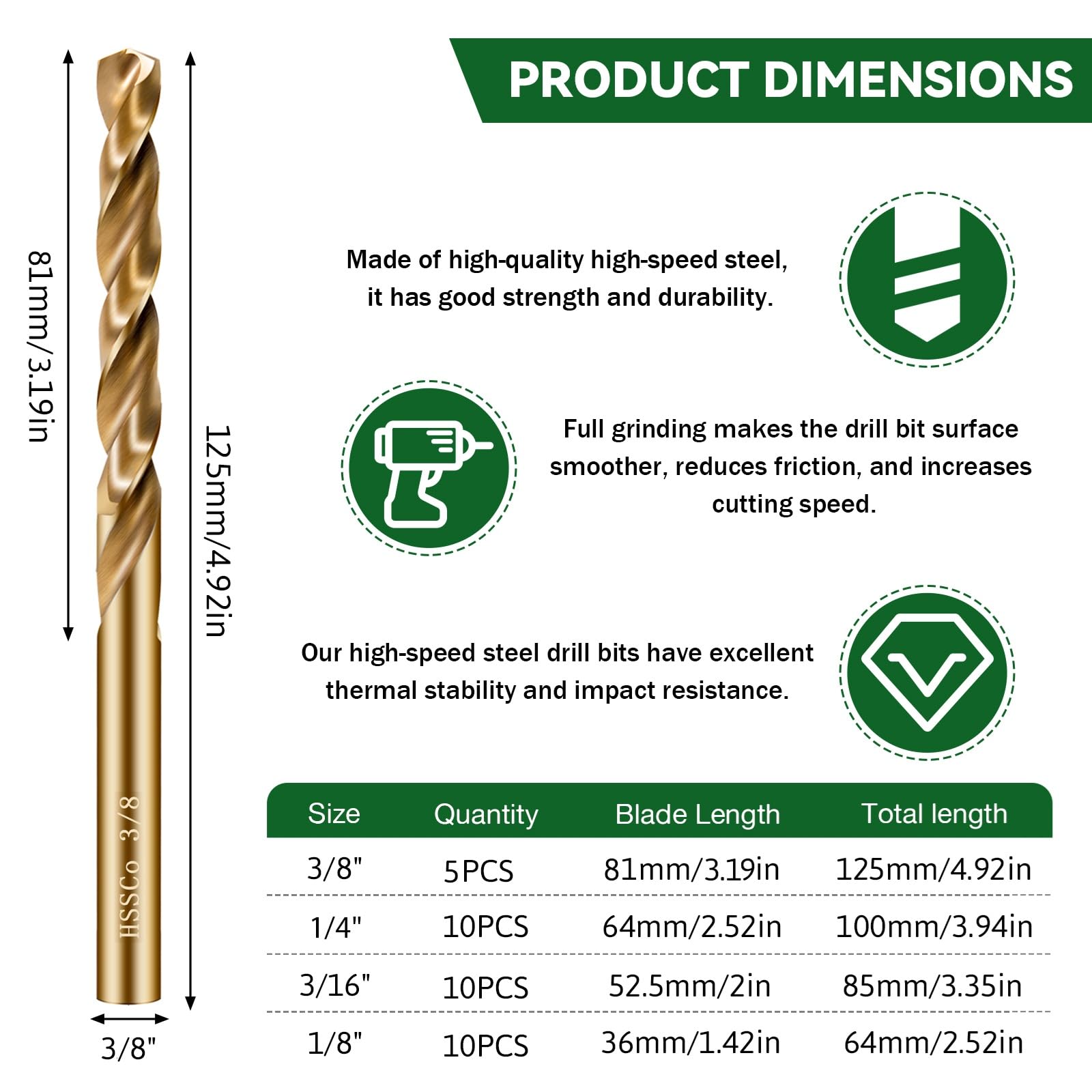 Set di punte per trapano al cobalto da 3/8", 5 pezzi, M35 in acciaio ad alta velocità, kit di punte per trapano in metallo di alta qualità per acciaio temprato, acciaio inossidabile, ghisa e legno