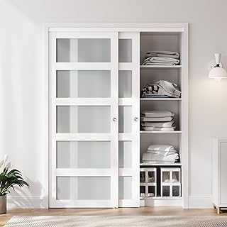 60x80 in (Double 31in) Sliding Closet Door, 5-Lite Frosted Glass Barn Doors with Hardware Kit Included, Preassembled MDF Closet Doors, White