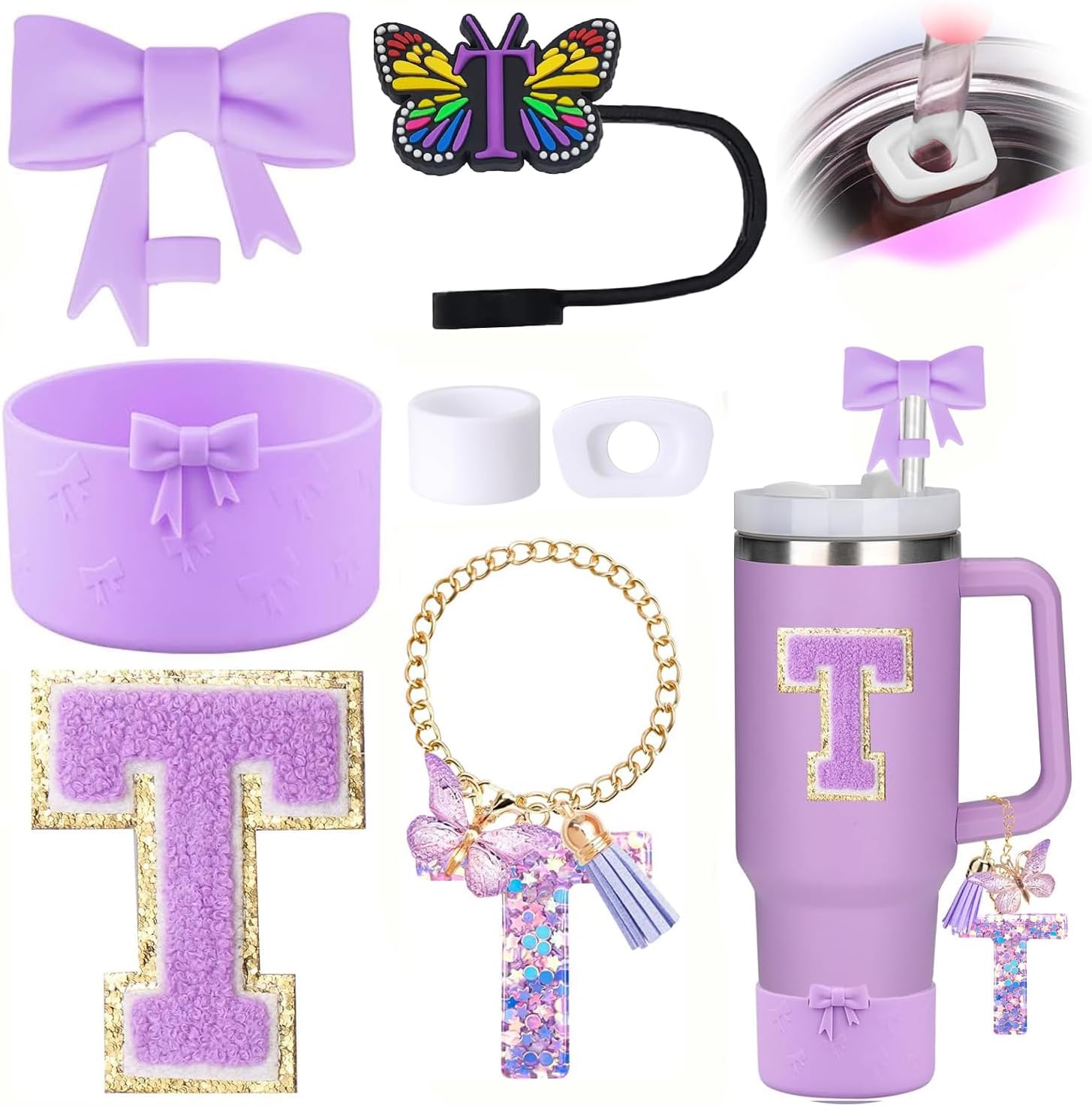 7PCS Accessories Set for Stanley Cup,Including Purple Bow Straw Topper Cover Cap and Boot, Spill Proof Stopper, Initials Sticker,Handle Charm for Women for 30oz 40oz tumbler with handle (E)