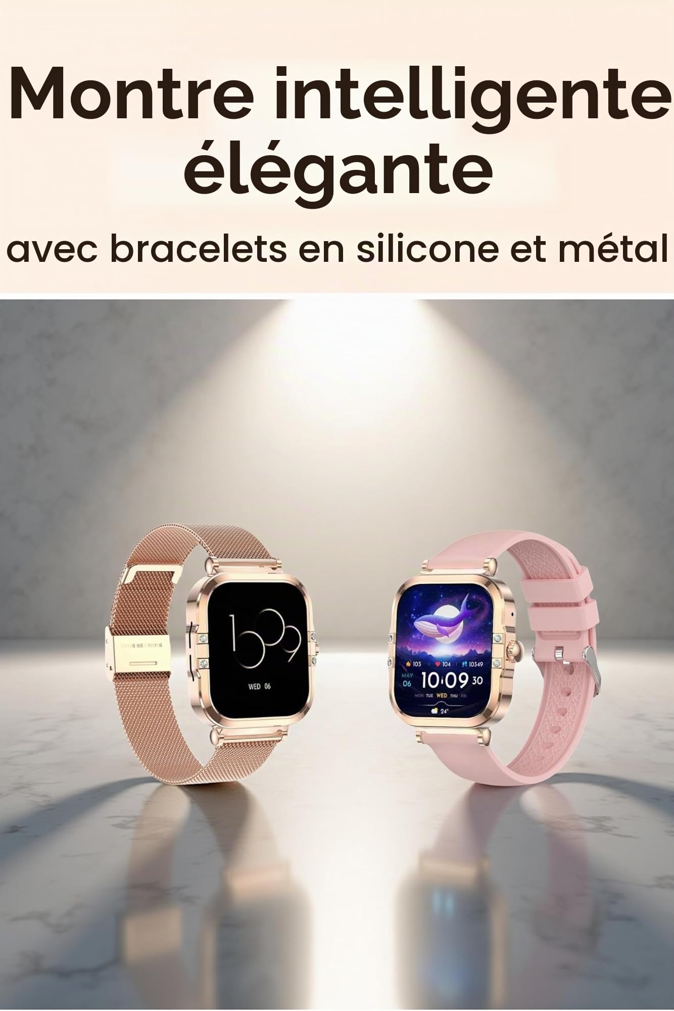 Générique Montre Connectée Femme Doré Élégante AMOLED 1.75" –avec 2 Bracelet Acier/Silicone, Fonction Appels Suivi Santé Complet, Design Luxueux Fleur Dorée - SOS