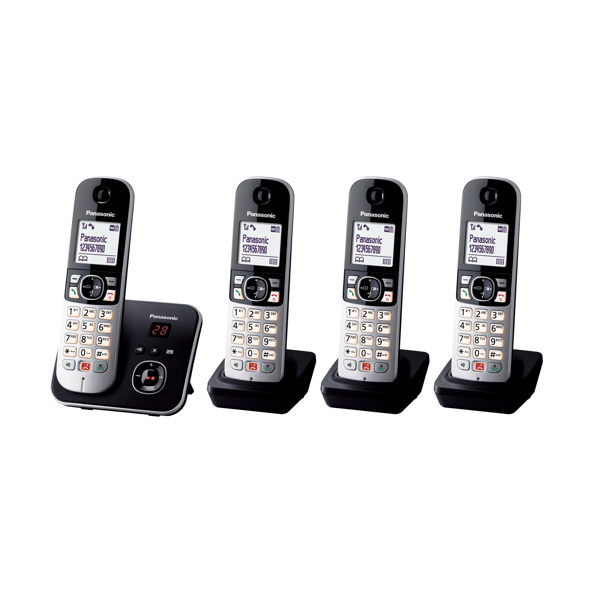 Panasonic KX-TG6864GB Schnurlostelefon mit 4 Mobilteilen und Anrufbeantworter (Bis zu 1.000 Telefonnummern sperren, übersichtliche Schriftgröße, lauter Hörer, Voll-Duplex Freisprechen) schwarz-silber