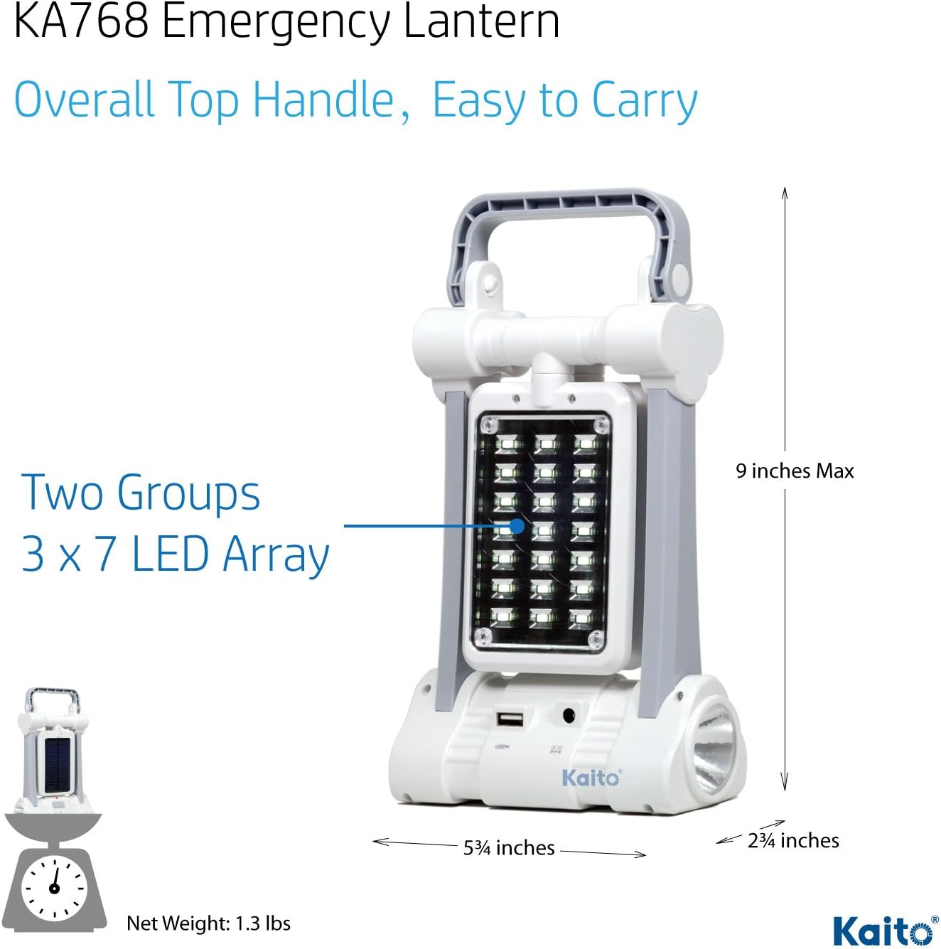 Kaito KA768 Lantern showing dimensions and handle