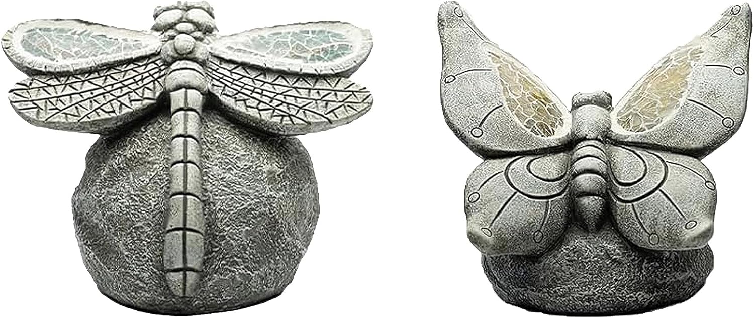 Garden Statue Dragonfly, Butterfly Solar Decor for Outdoor, Resin Figurine with Solar Light for Patio, Balcony, Yard, Lawn Ornament, Perfect Garden Gift