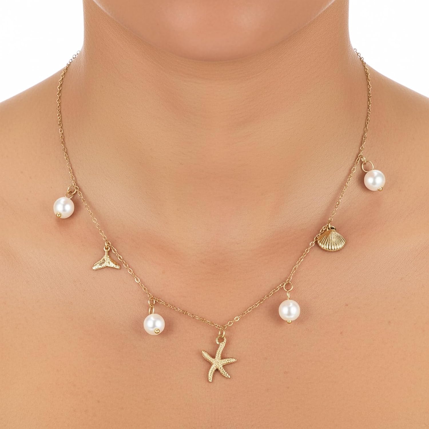 Summer Beach Necklace Shell Necklace, Gold Plated Shell Sun Starfish Pearl Charm Necklace for Women, 16 + 2" Beach Jewelry for Women
