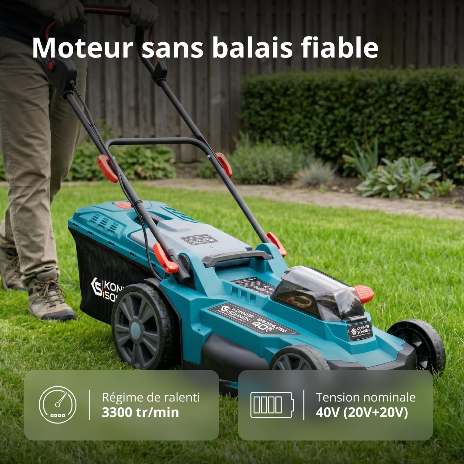 Tondeuse à Batterie KS 43LM-40V, Tension 40 V, Vitesse à Vide 3300 TR/Min, Largeur de Coupe 430 mm, Hauteur de Coupe 25-75 mm, 6 Positions, Panier à Herbe 50 l, Fonction de Mulching