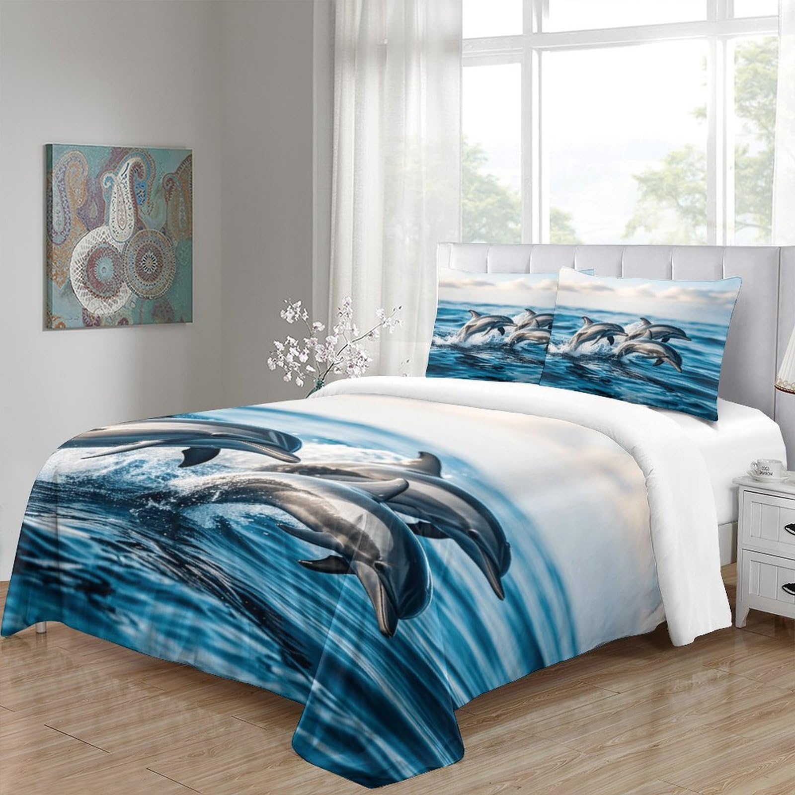 Hipoalergénico Delfines Juego De Ropa De Cama King（220x240cm）, Transpirable Azul Ocean Juego Sábanas De Cama, Microfibra Funda De Edredón Ultra Suave Y Ligero