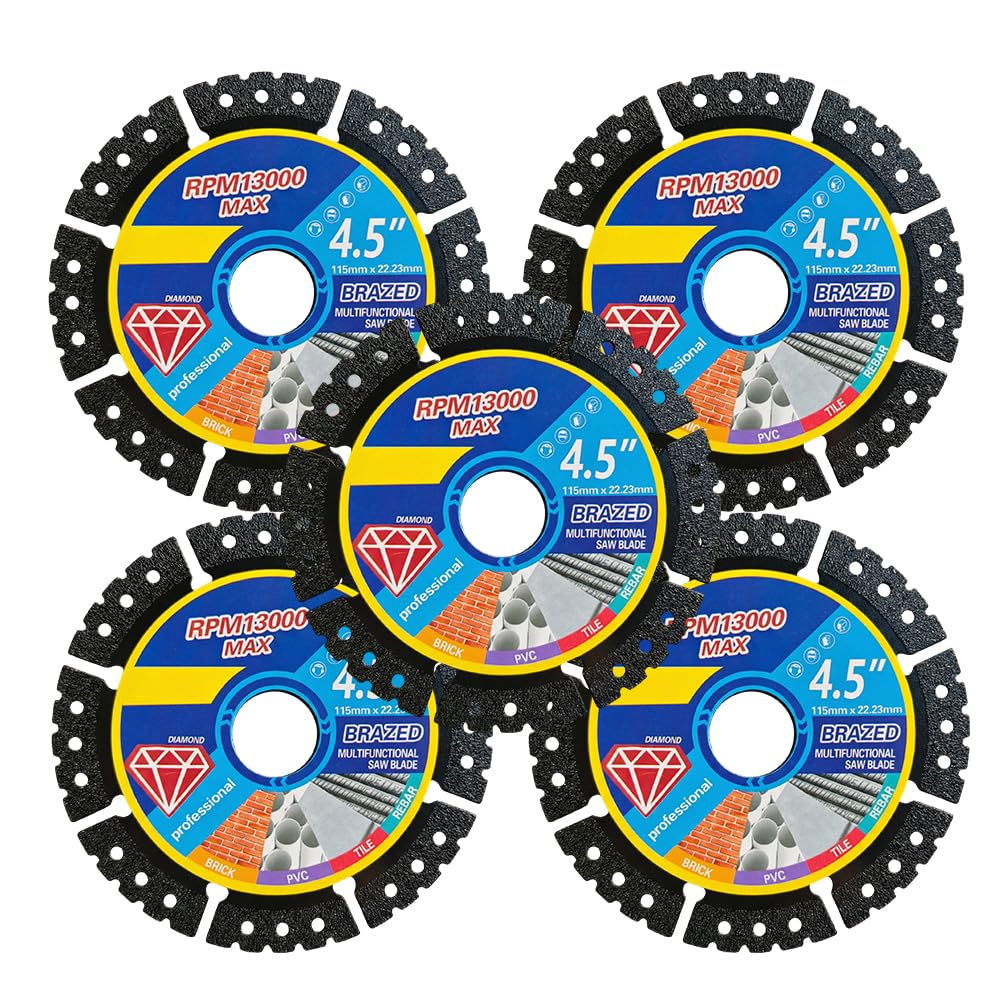 4.5" Diamond Multi-Purpose Saw Blades - Heavy Duty Angle Grinder Discs for Cutting Marble/Quartz/Stone/Tile/Metal/Plastic (5)
