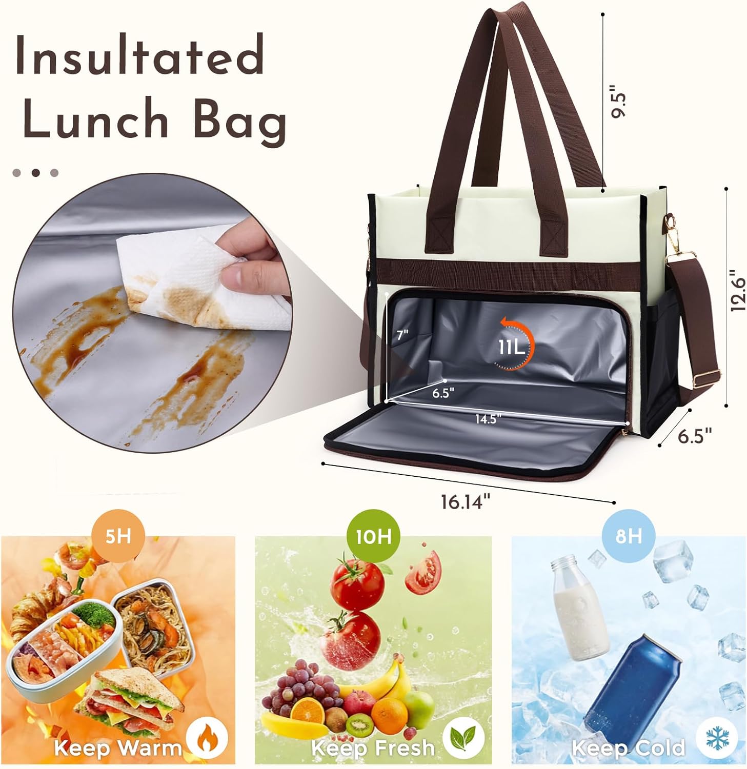 Reusable Lunch Bags Work Bag with Insulated Lunch Compartment Tote Bag Large Capacity lunch box for women for Work, Office Black