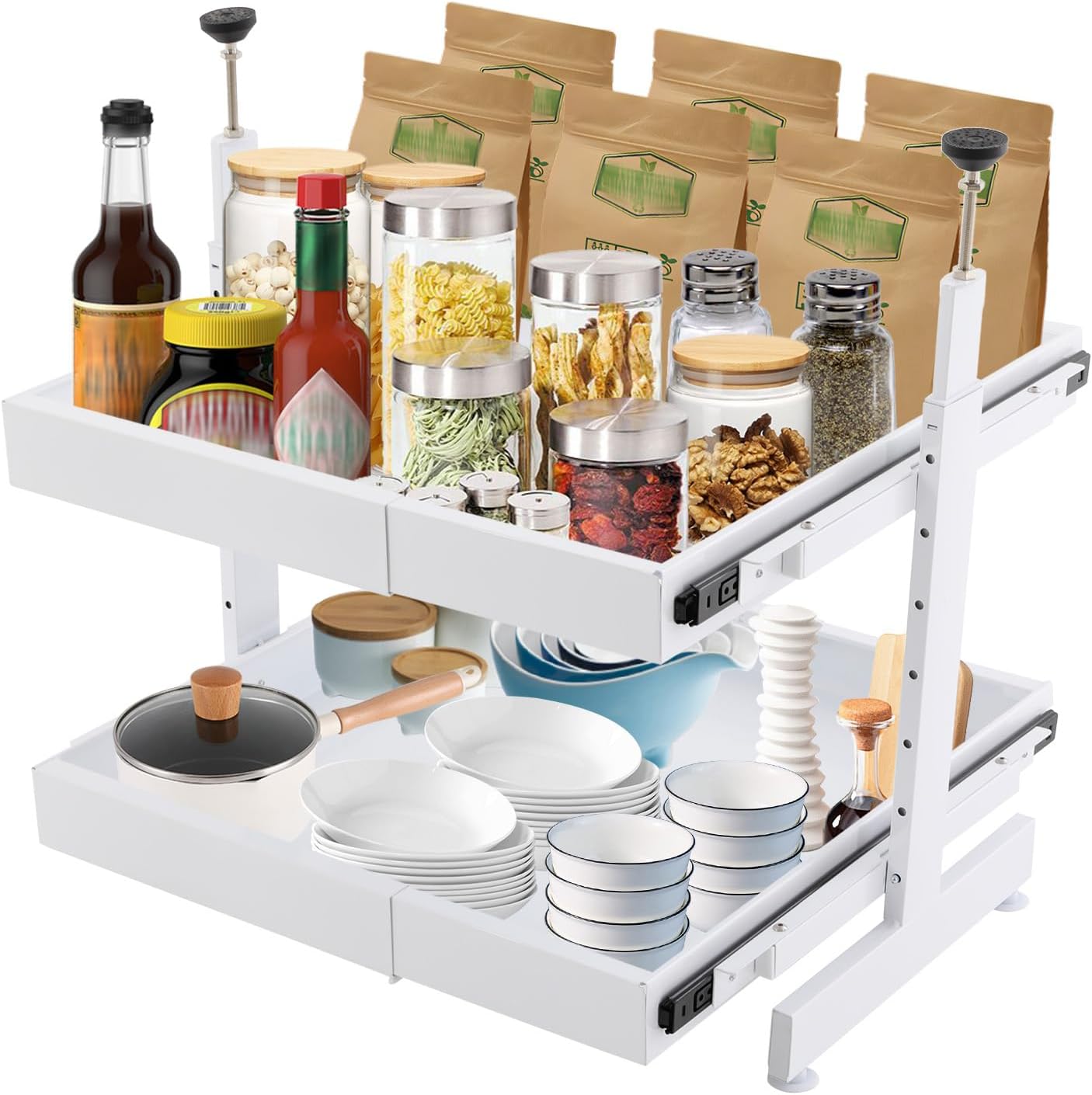 2 Tier Pull Out Cabinet Organizer, No-Drill Installation, 16''-24''Wide Expandable Shelf and Drawer, 21''Deep Slide Out Pantry Storaqe Basket with Adjustable Height 18''-35'' (White)