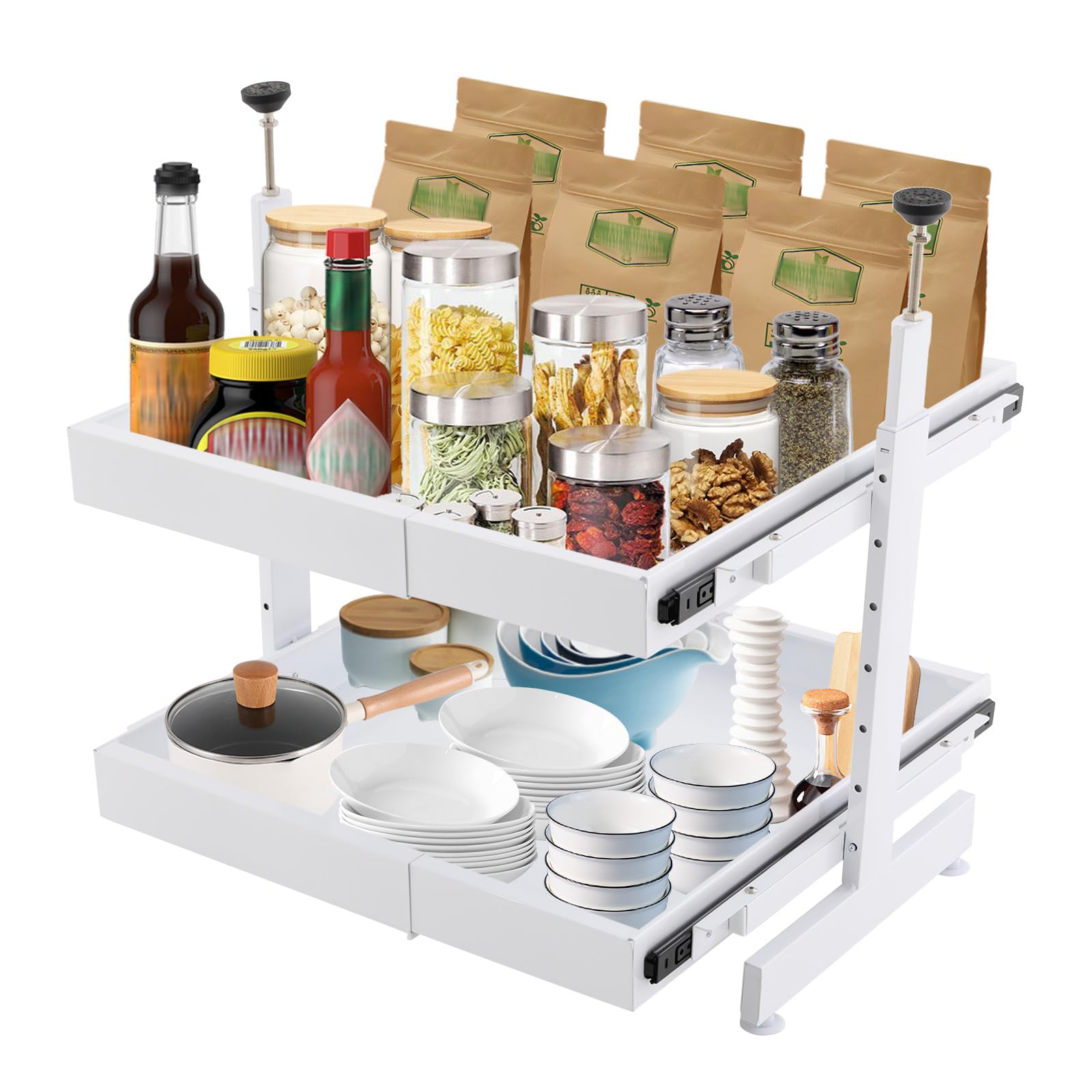 Küchen organizer | Organizer küche | Schubladen | Ausziehbarer Schrankorganizer | 2-stufig | Höhen- & Längenverstellbar | 10 kg Tragkraft pro Ebene | Platzsparend für Küche & Bad