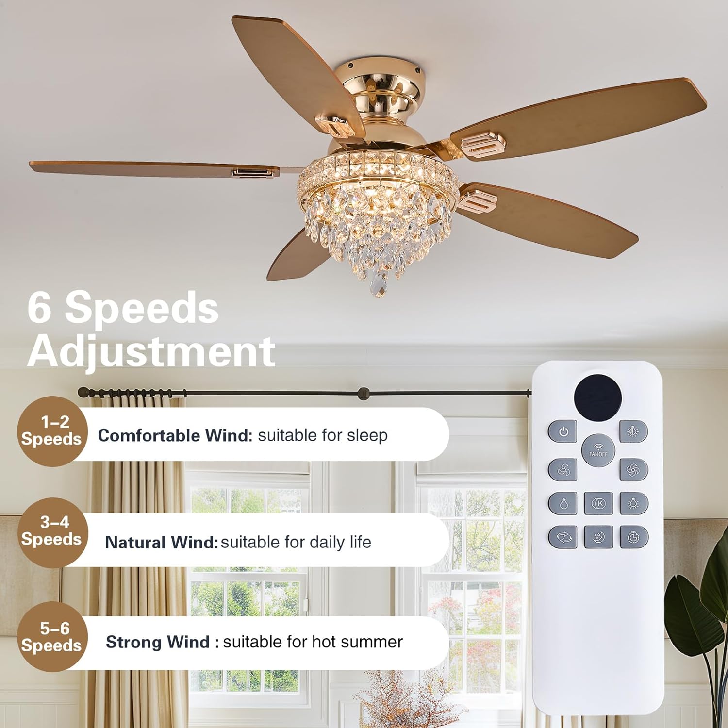 Crystal Ceiling Fan Fandelier with Lights-Ceiling Fans with Lights,54" Low Profile and Remote Control, Flush Mount, Reversible, Dimmable, Noiseless,Gold Ceiling Fan for Bedroom