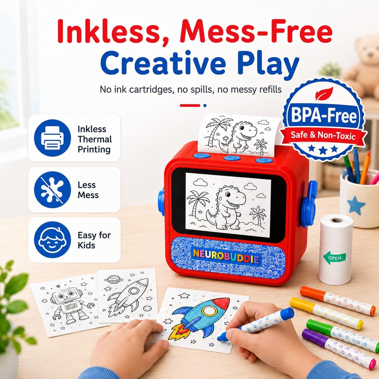 Kids Sticker Printer, AI Voice Sticker Maker with Screen Preview, 6 Rolls Paper, Inkless Thermal Mini Printer for Creative Coloring, DIY Crafts, Journals, Reward Charts, Gifts for Boys Girls