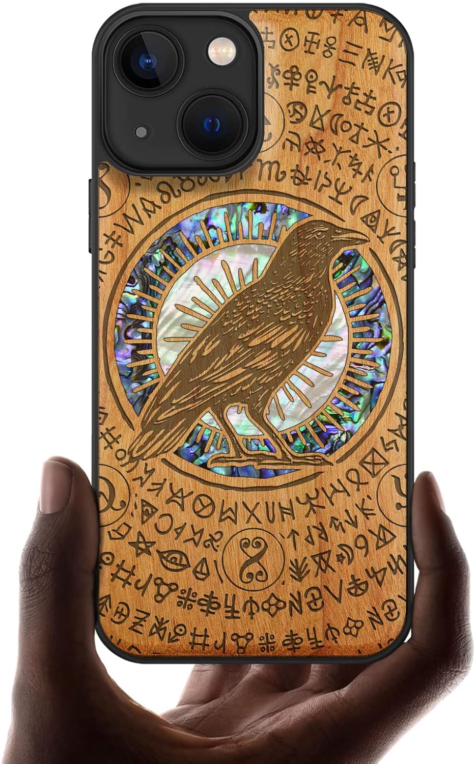 Carveit Designer Wooden Protective Case for iPhone 13 Mini Magnetic Cover [Wood Engraving & Shell Inlay] Wood Phone Case Compatible with 13 Mini MagSafe 5.4 Inch (Raven-Blackwood)
