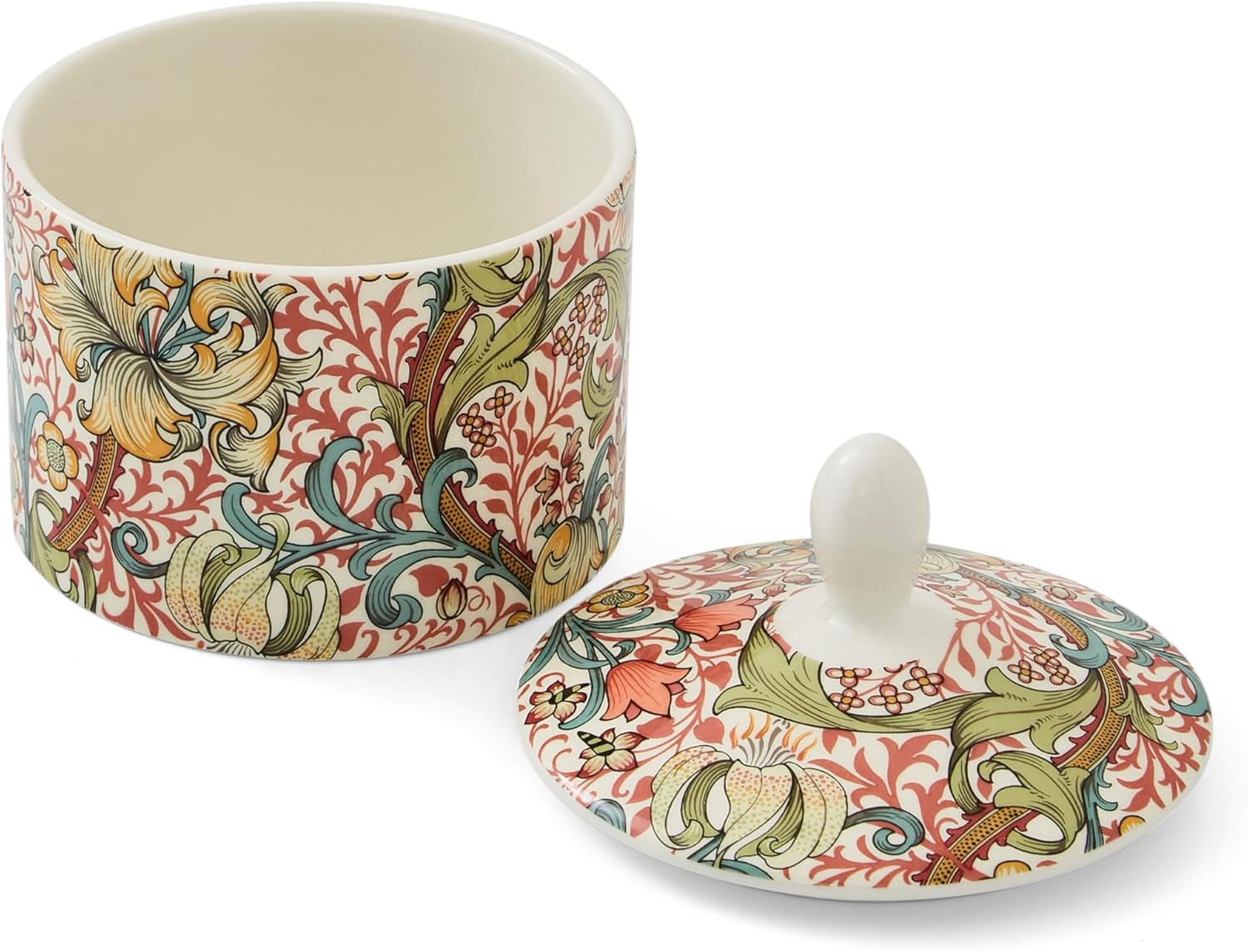 Spode Morris & Co Sugar Bowl with Lid, 10oz Porcelain Sugar Dish Featuring Golden Lily Floral Design - Microwave & Dishwasher Safe for Afternoon Tea, Kitchen Storage, Gift Giving, Coffee Bar