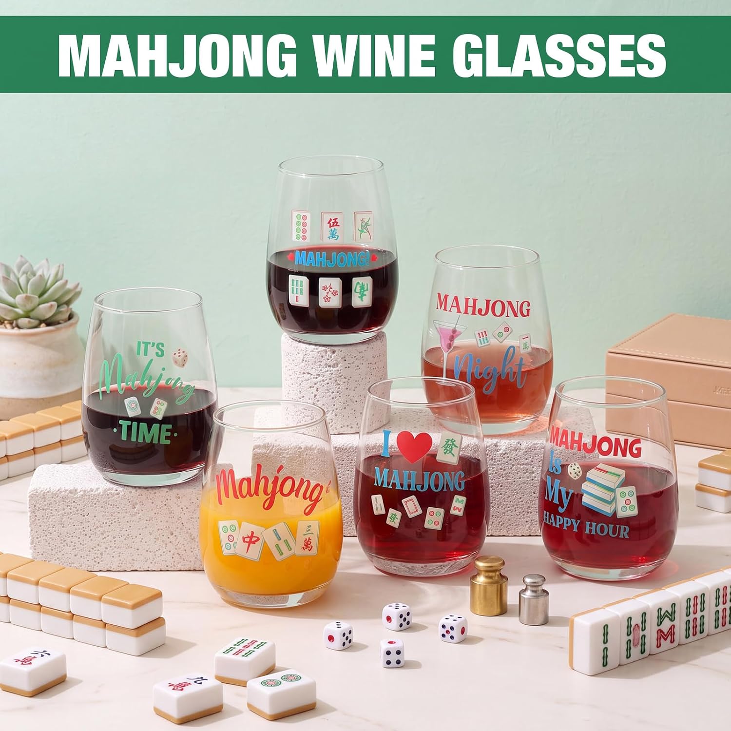 6 Pack Mahjong Wine Glasses 17 oz Stemless Cups