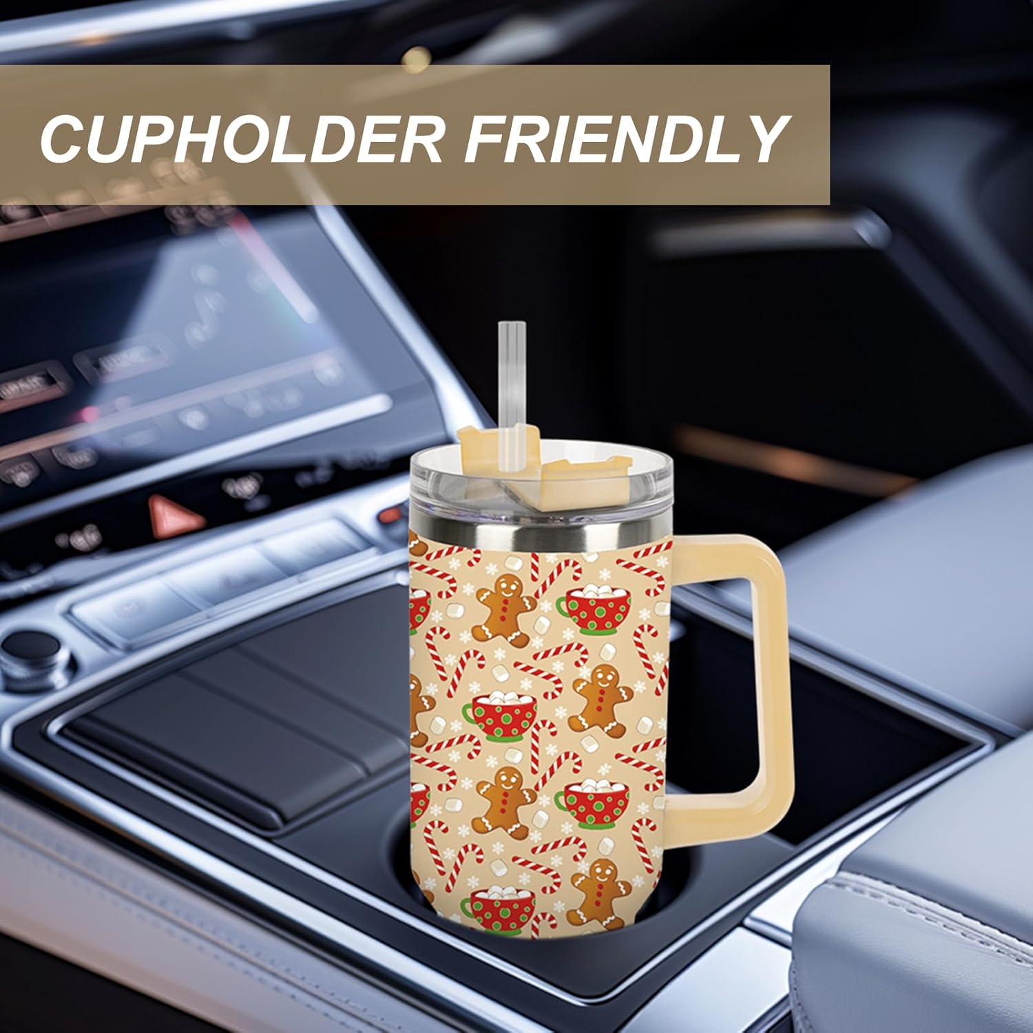 JarThenaAMCS 1 Pcs Christmas Tumbler with Handle Lid Straw 40 Oz Gingerbread Man Candy Cane Stainless Steel Travel Tumbler Cup for Xmas Iced Coffee Party Favor - Image 6