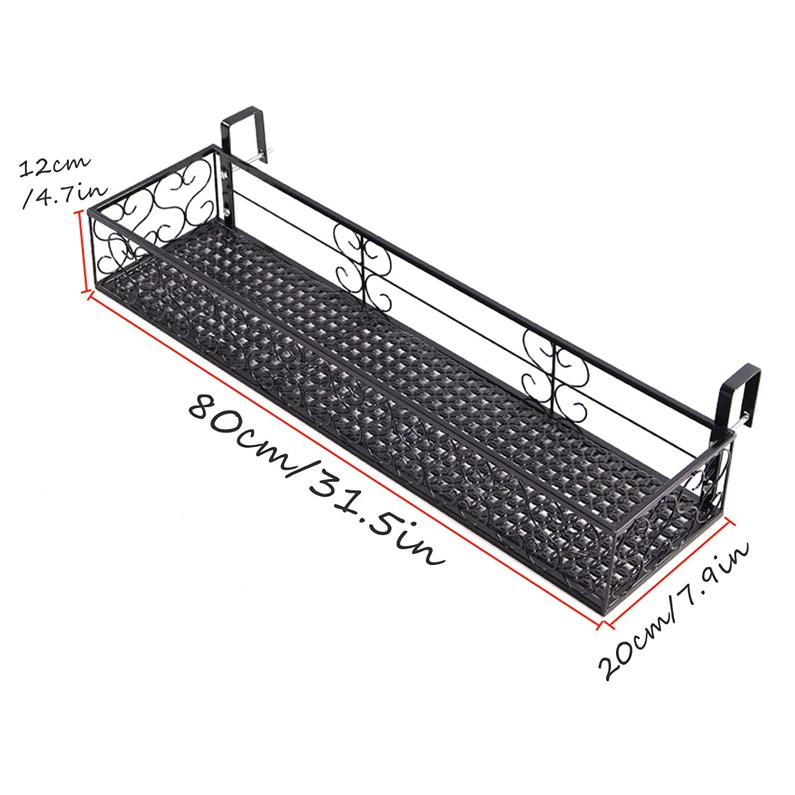 Wisząca donica na balustradę balkonową, 80 x 20 x 12 cm, żelazny uchwyt na rośliny, półka zewnętrzna na kwiaty, idealna do żelaznych ogrodzeń i ekspozycji ogrodowej