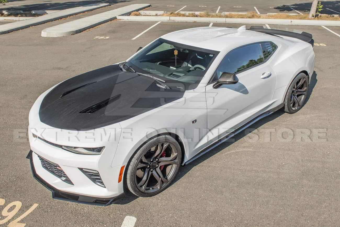 Replacement for 2016-Present Chevrolet Camaro LT LS RS SS Models | Second Generation Style ABS Plastic - Painted Glossy Black Side Skirts Rocker Panel Extension Pair