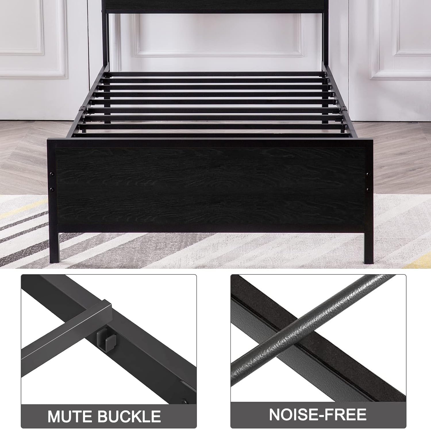 Detail of mute buckle and noise-free design features on the bed frame slats