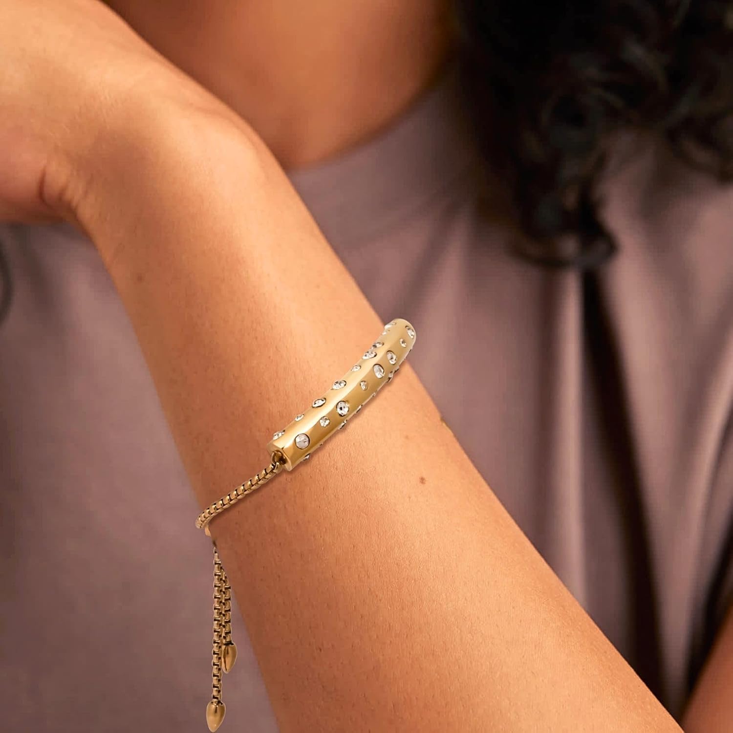 Adjustable Bracelet for Women Bangles 18K Gold Plated Stainless Steel Dainty Cubic Zirconia Chain Slider Bolo Bracelets for Women Mom Brithday Gift 5-9 Inch - Image 2