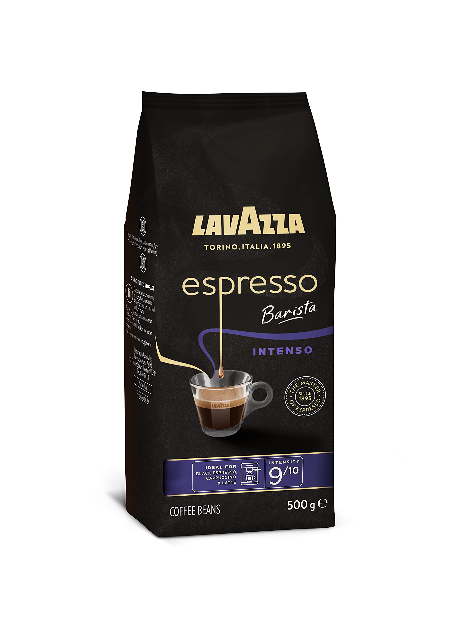Lavazza, Espresso Barista Intenso, Café en Grano Natural Tostado, Ideal para Máquina de Café Espresso o Superautomática, con Notas Aromáticas de Cacao y Madera, Intensidad 9/10, Tueste Medio, 500 g