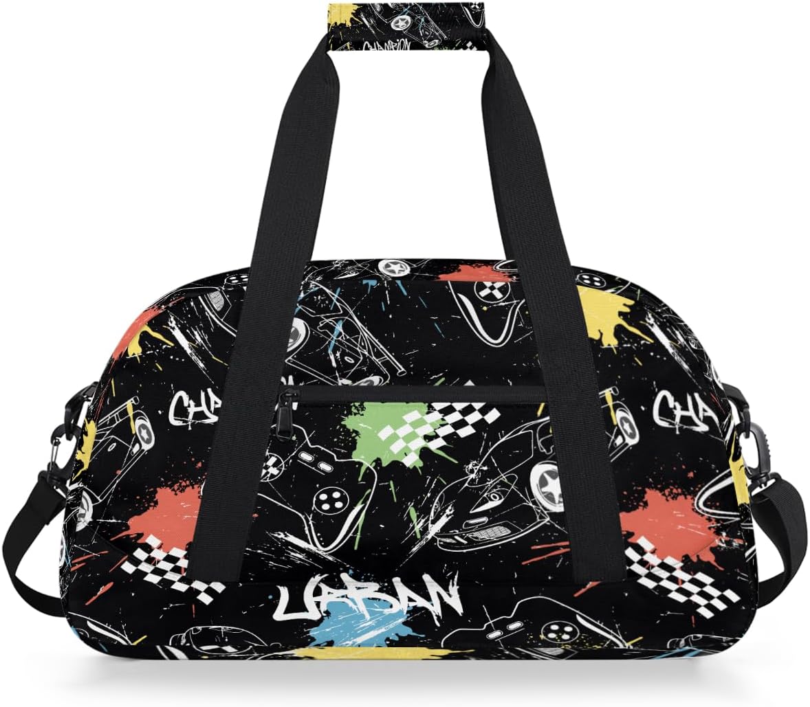 Gym Travel Duffle Bag for Boys - Black Game Controller Kids Overnighter Weekend Bag with Front Zipper Pocket for School Practice, Teens Carry-On Size Sleepover Bags