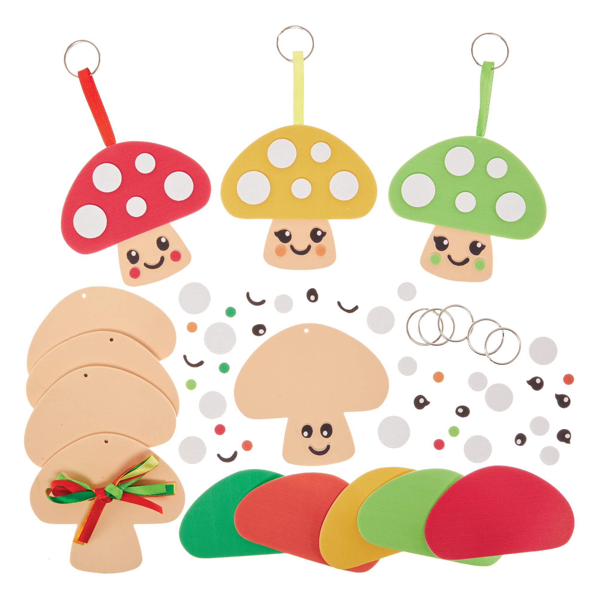 Baker Ross FN308 Toadstool Mushroom Keyring and Bag Dangler Kits - Pack of 5, Autumn Arts and Crafts for Kids