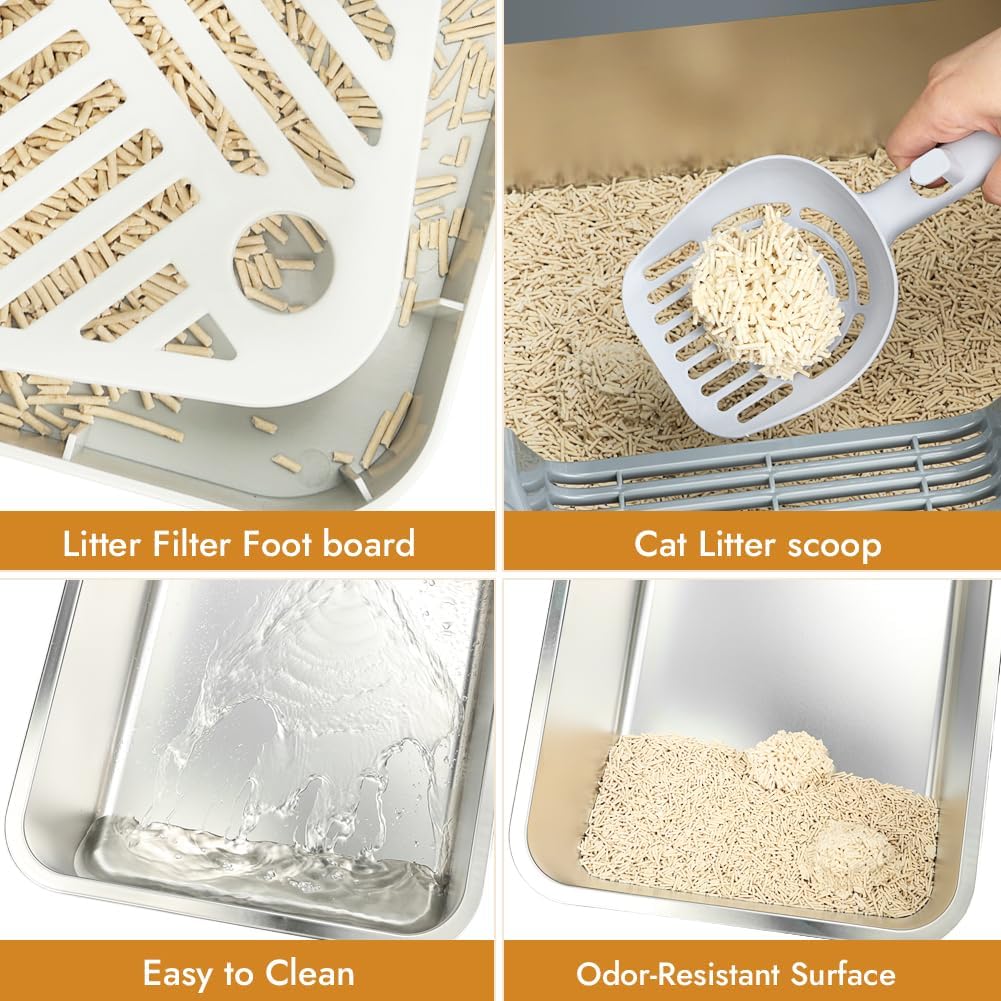 Vivifying Stainless Steel Cat Litter Box, Large Semi-Enclosed Litter Box with Lid, Anti-Leakage Metal Pan for Easy Cleaning & Odor Control (Gray)