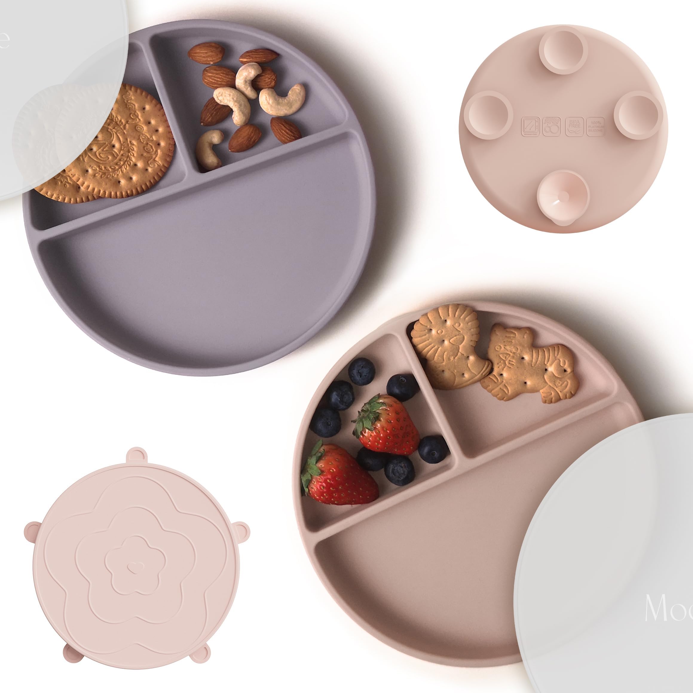 Moonkie Suction Plates for Baby | 100% Silicone BPA-Free Baby Plates with Lids and Food Cover | Divided Design | Microwave and Dishwasher Safe | Toddler Plates 2 Pack