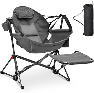 Ainfox Hammock Camping Chair with Footrest, Foldable Portable Rocking Chairs for Adults Outside Swinging Camp with Cup Holder Pillow for Outdoor Patio Poolside Dark Grey