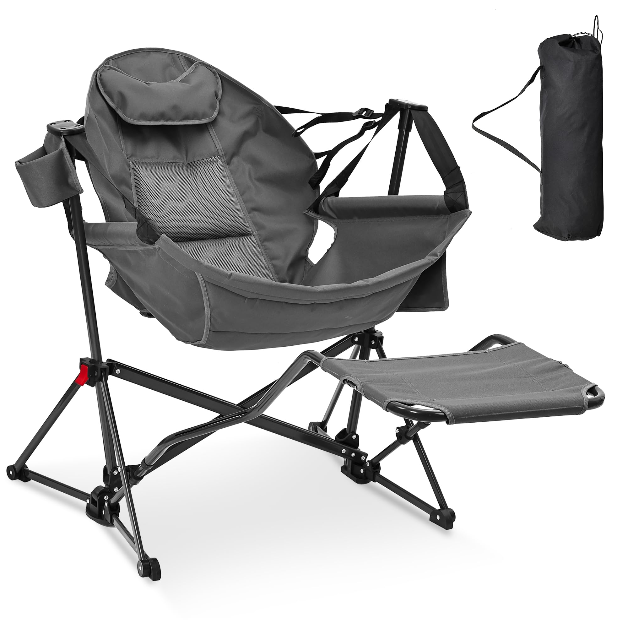 Ainfox Hammock Camping Chair with Footrest, Foldable Portable Rocking Chairs for Adults Outside Swinging Camp with Cup Holder Pillow for Outdoor Patio Poolside (Grey)
