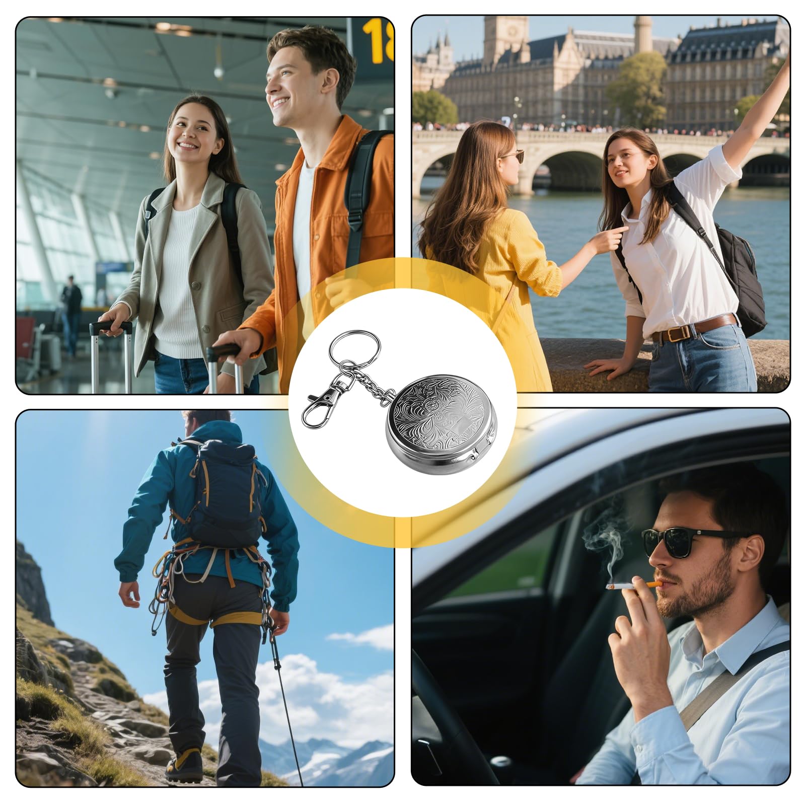 Cendrier de Poche Portable Anti Odeur en Acier Inoxydable avec Couvercle et Porte-Clés 2 Pièces