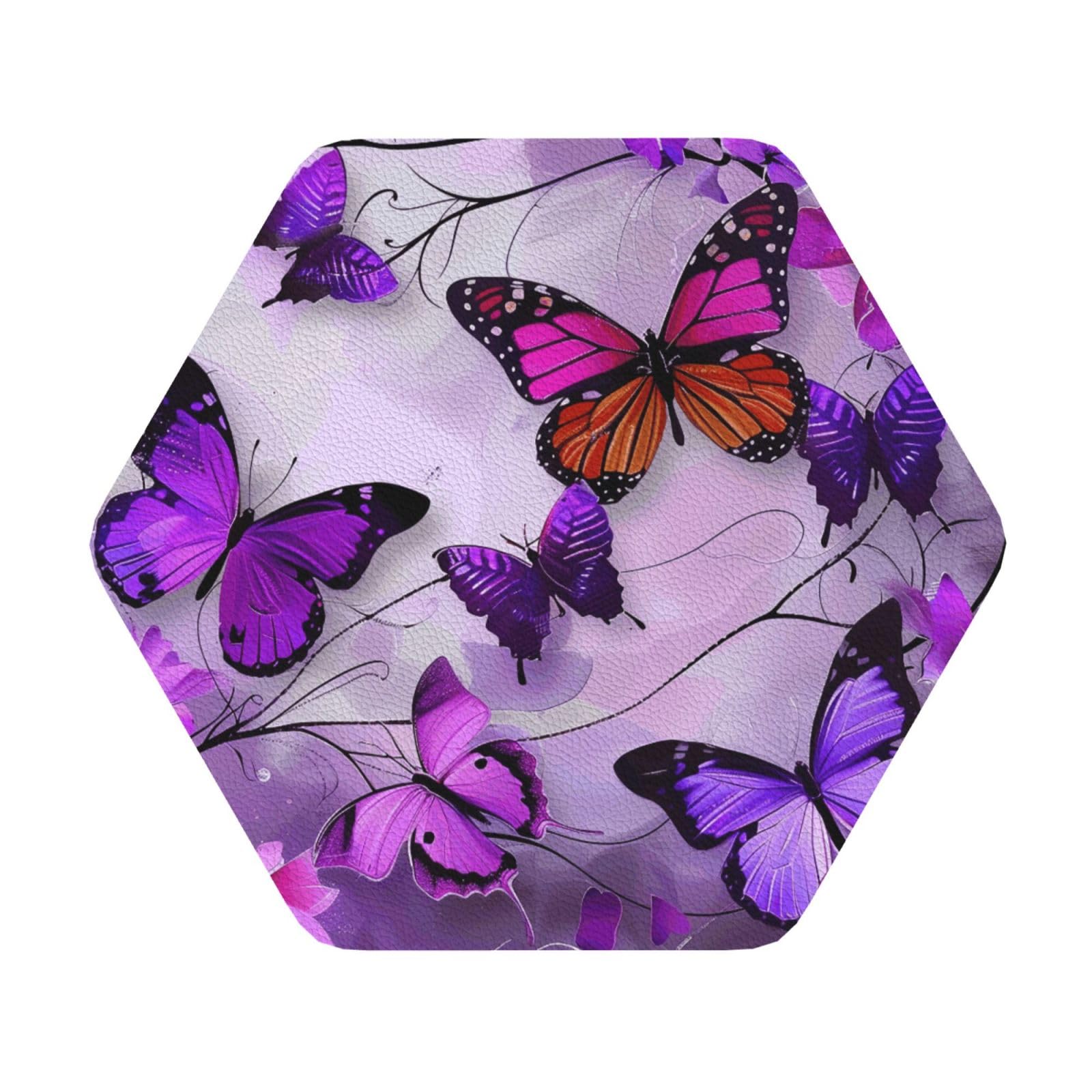Purple Butterflies Printed Coasters for Drinks, Leather Coaster Sets of 4, Funny Coffee Cup Coaster, Absorbent Coaster for Home and Office Kitchen Bar Hexagon