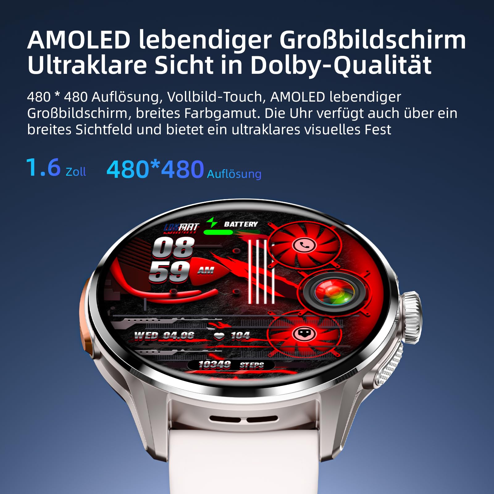 LOKMAT 4G SIM-Karte Android Smart Watch,1,6 Zoll AMOLED Großbildschirm 3 GB + 32 GB Smartwatch für Männer und Frauen mit drehbarer Kamera, WiFi, GPS,Fitness-Aktivitätstracker-Uhr (Silber)