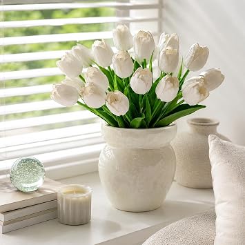 Outdoor Artificial Flowers Tulips 21Pcs Fake Tulip Real Touch Faux Flower for Wedding Bridal Bouquet Arrangements Home Party Hotel Floral DIY Decoration White 0112