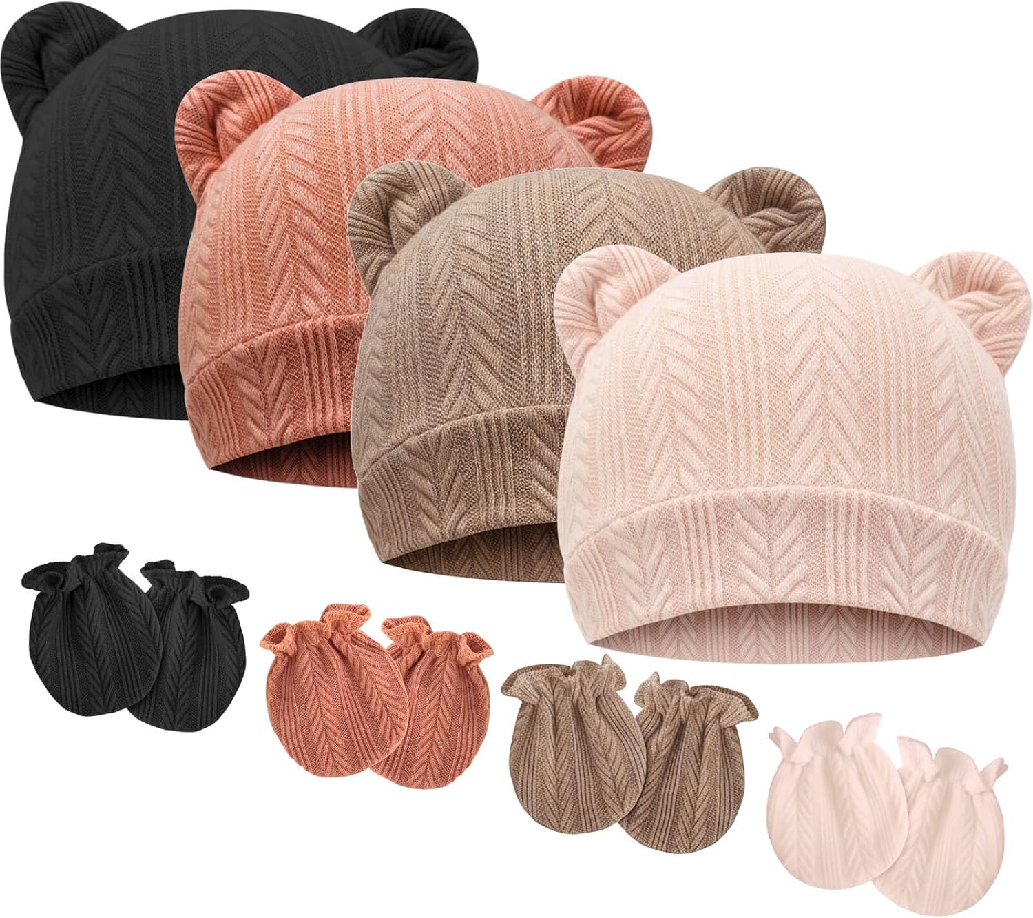 BQUBO Newborn Baby Hats Bear Ears and Mittens Sets Preemie Caps Baby Boy Girl Infant Hospital Beanie for 0-3 Months