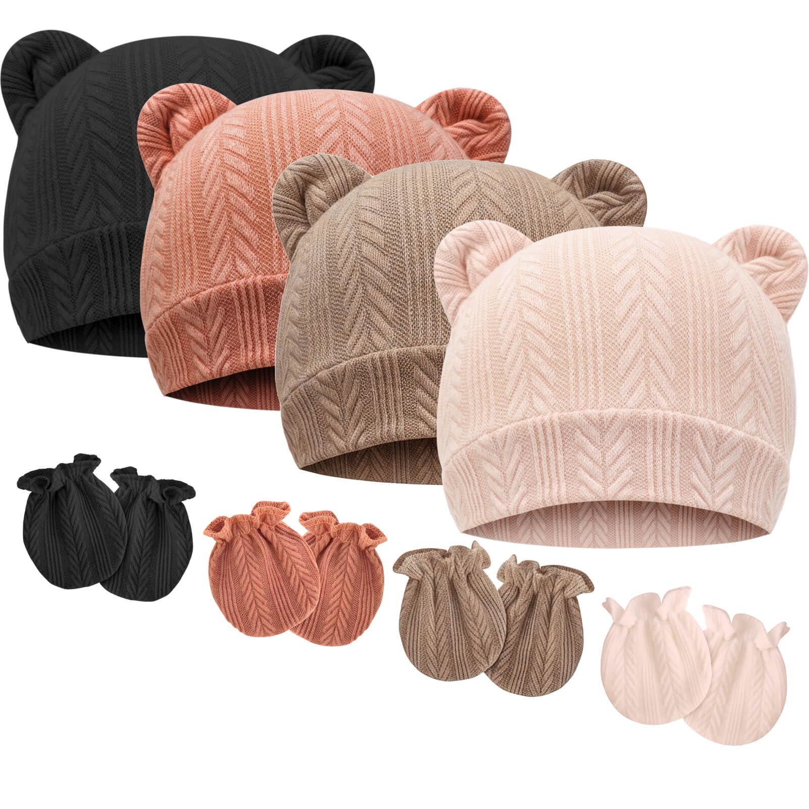 BQUBO Newborn Baby Hats Bear Ears and Mittens Sets Preemie Caps Baby Boy Girl Infant Hospital Beanie for 0-3 Months