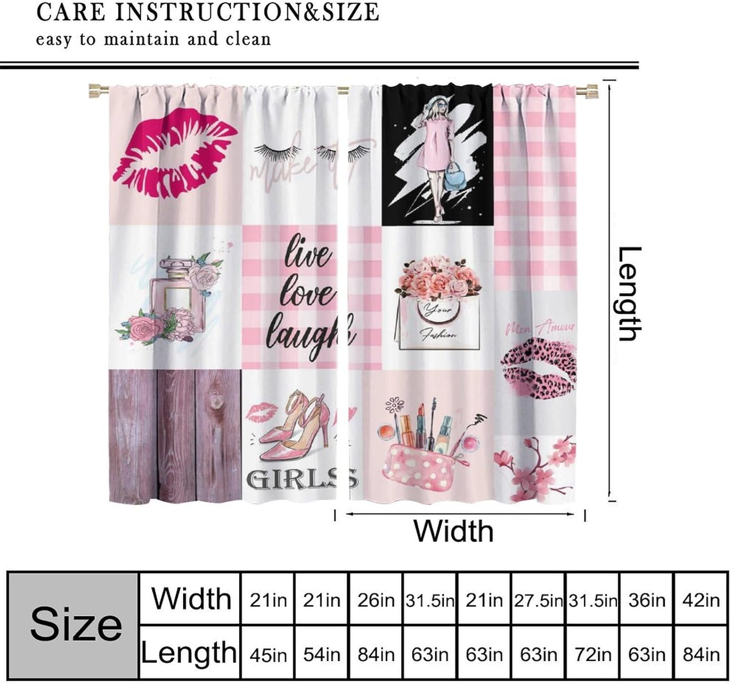 Fashion Girl Decor Curtain Valentine's Day Makeup Elegant Pink Perfume Flower Eyelash High Heel Cosmetics Leopard Lips Lipstick for Home Kitchen Livingroom Coffee Room Curtain 2Panel 42"W X 54"W