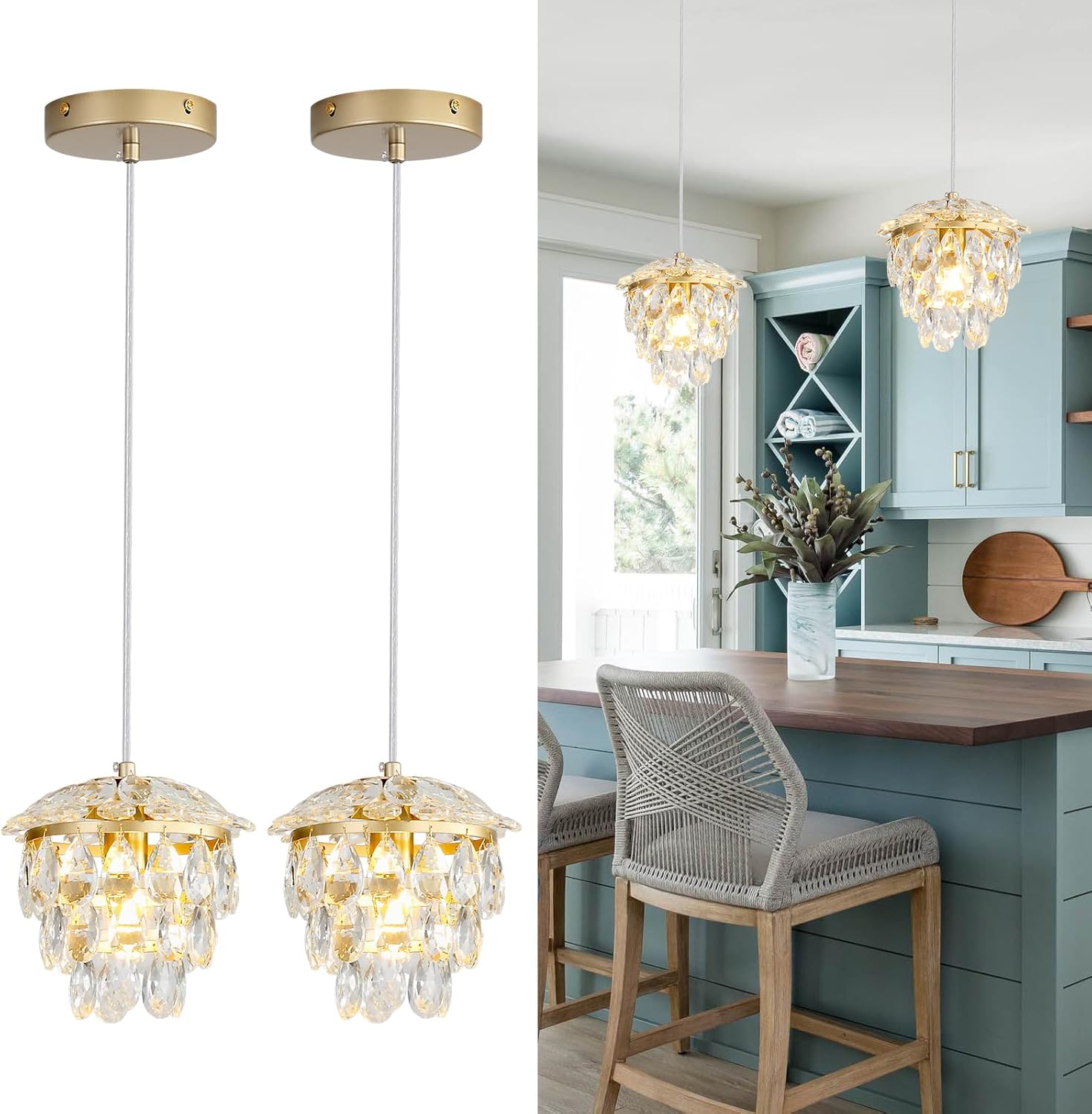 2 Pack Modern Gold Pendant Light, Crystal Mini Pendant Light Fixture Single Light for Kitchen Island, 1-Light Small K9 Crystal Hanging Ceiling Light for Dining Room, Entryway, Bedroom, over sink