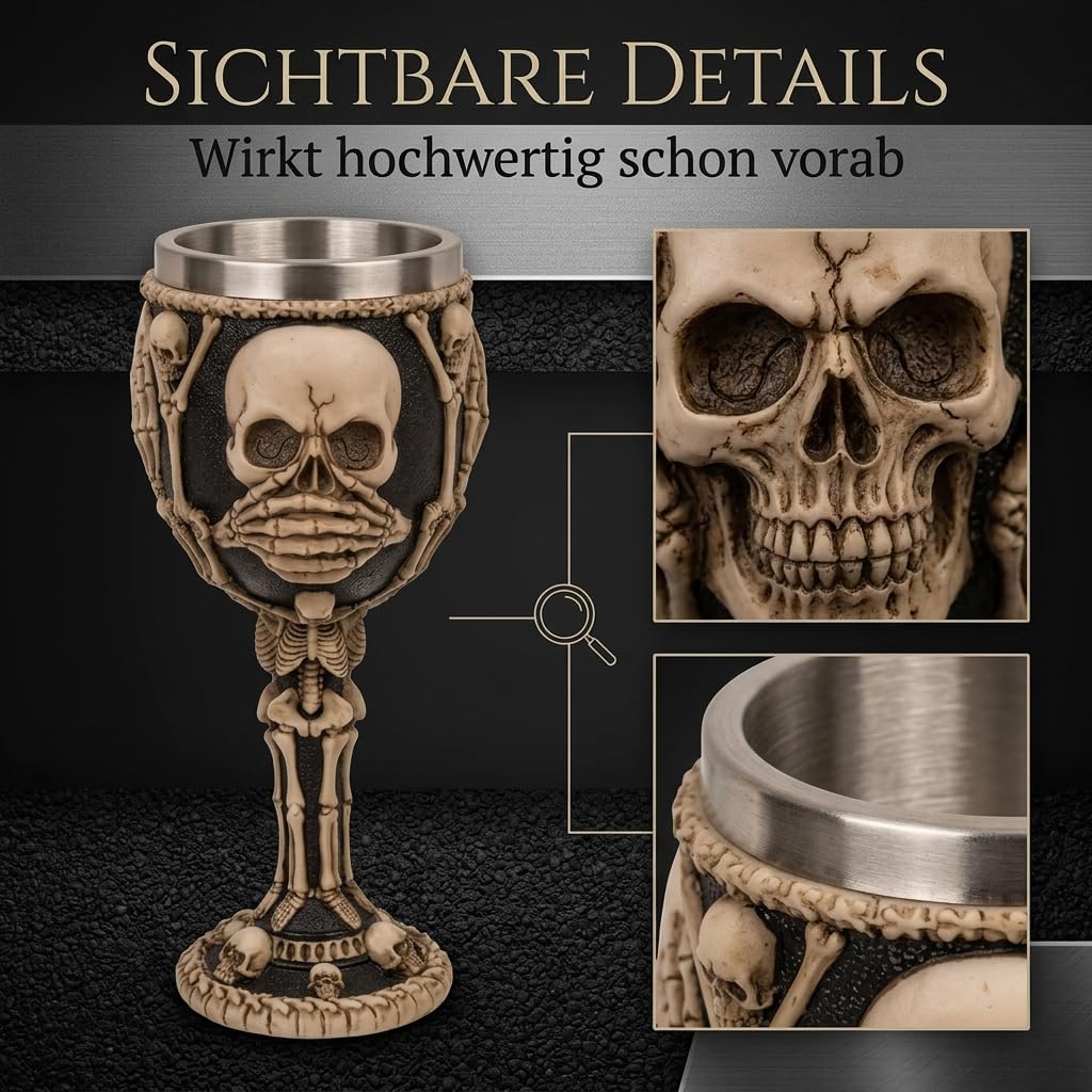 MIJOMA 3D-Totenkopf Weinglas Becher – Schädelbecher aus Kunststein und Edelstahl, mittelalterlicher Wikinger Krug, 300ml Fassungsvermögen (sieh nicht, hör nicht, sprich nicht)