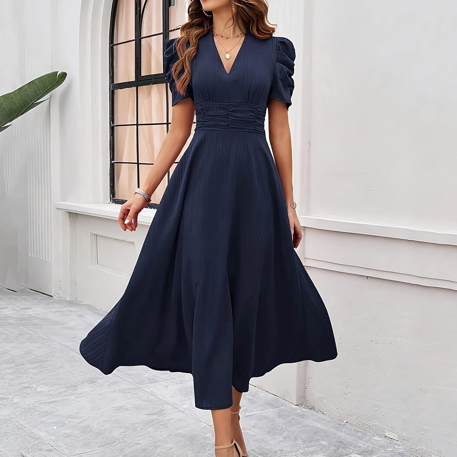 Womens Puff Sleeve Long Dress High Waist V Neck Smocked Maxi Dresses 2026 Summer Elegant Holiday Sundress