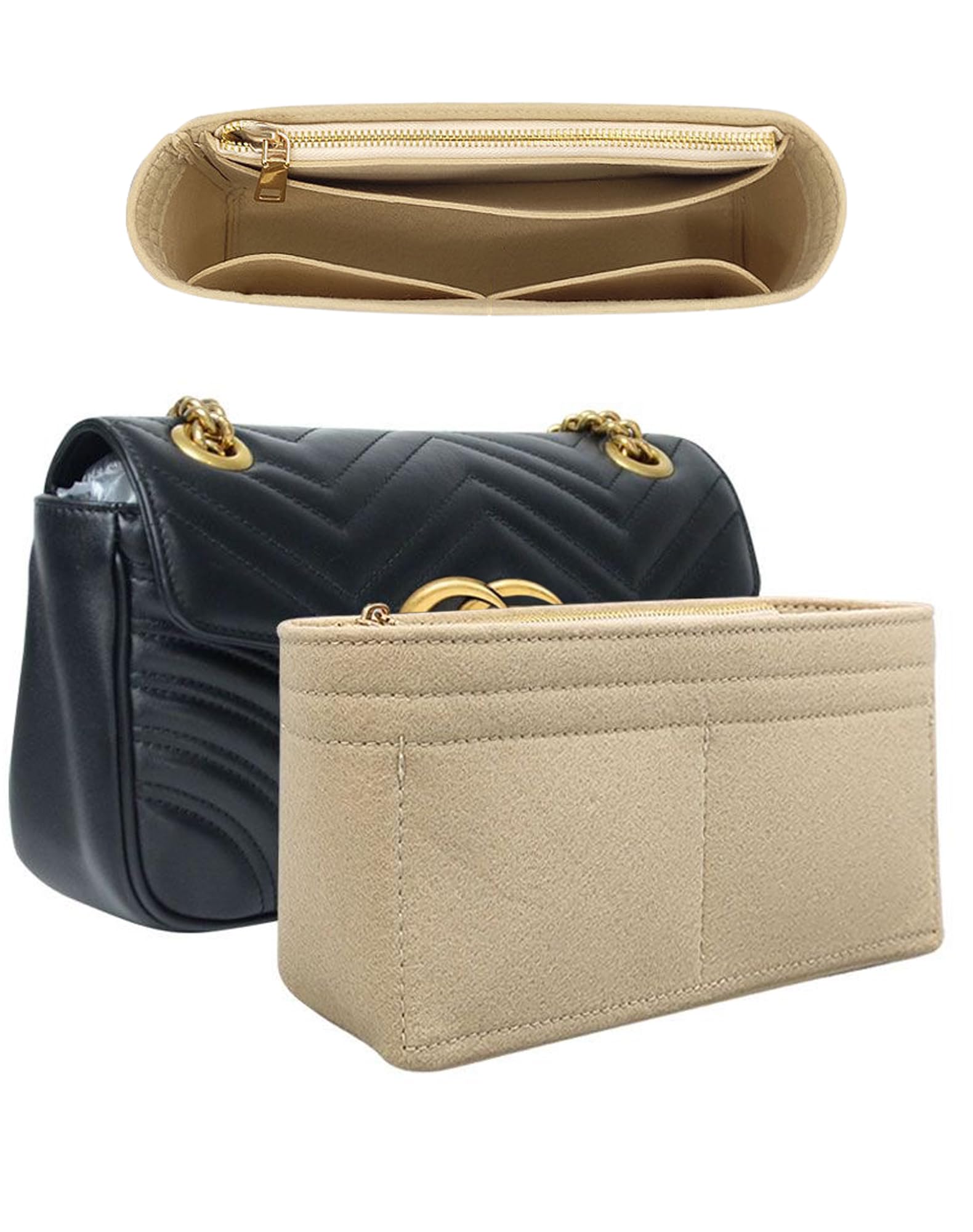 UMIUPUMIUP Felt Insert Purse Organizer with Zipper fit GG Marmont Matelasse Shoulder Bag, Small Handbag Tote Shaper Insert for GG Marmont Matelasse Shoulder Bag (BEIGE, LARGE)