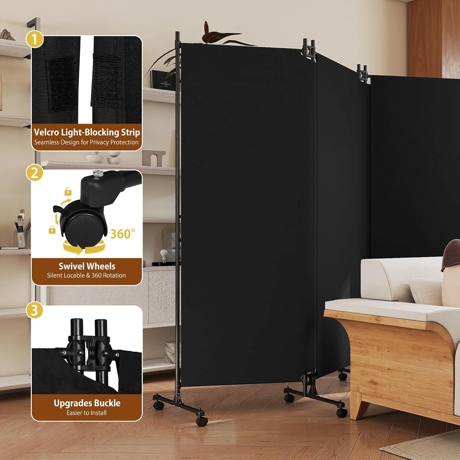 6 Panel Upgraded Room Divider Folding Privacy Screen, Freestanding Partition with Lockable Wheels, Room Separation for Home Office Bedroom, 146" W x 72" H, Black