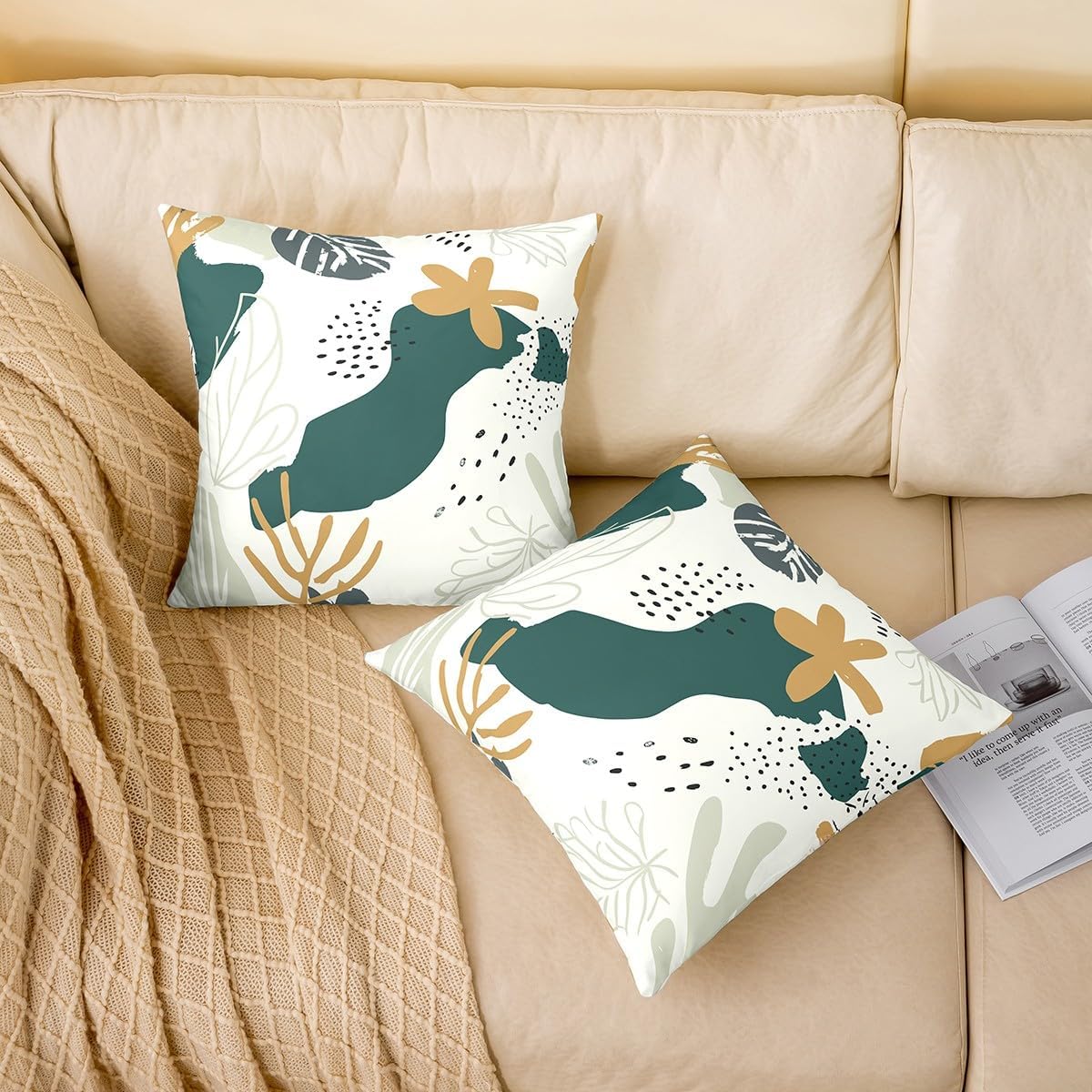Manfei Palm Leaf Abstract Kids Throw Pillow Cover,Geometric Dots Line Patchwork Double Sides Pillow Case,Tropical Plant Boho Exotic Home Decor,Baby Green Bed Couch Sofa Cushion Cover,2 Pack 16"x16" image 2