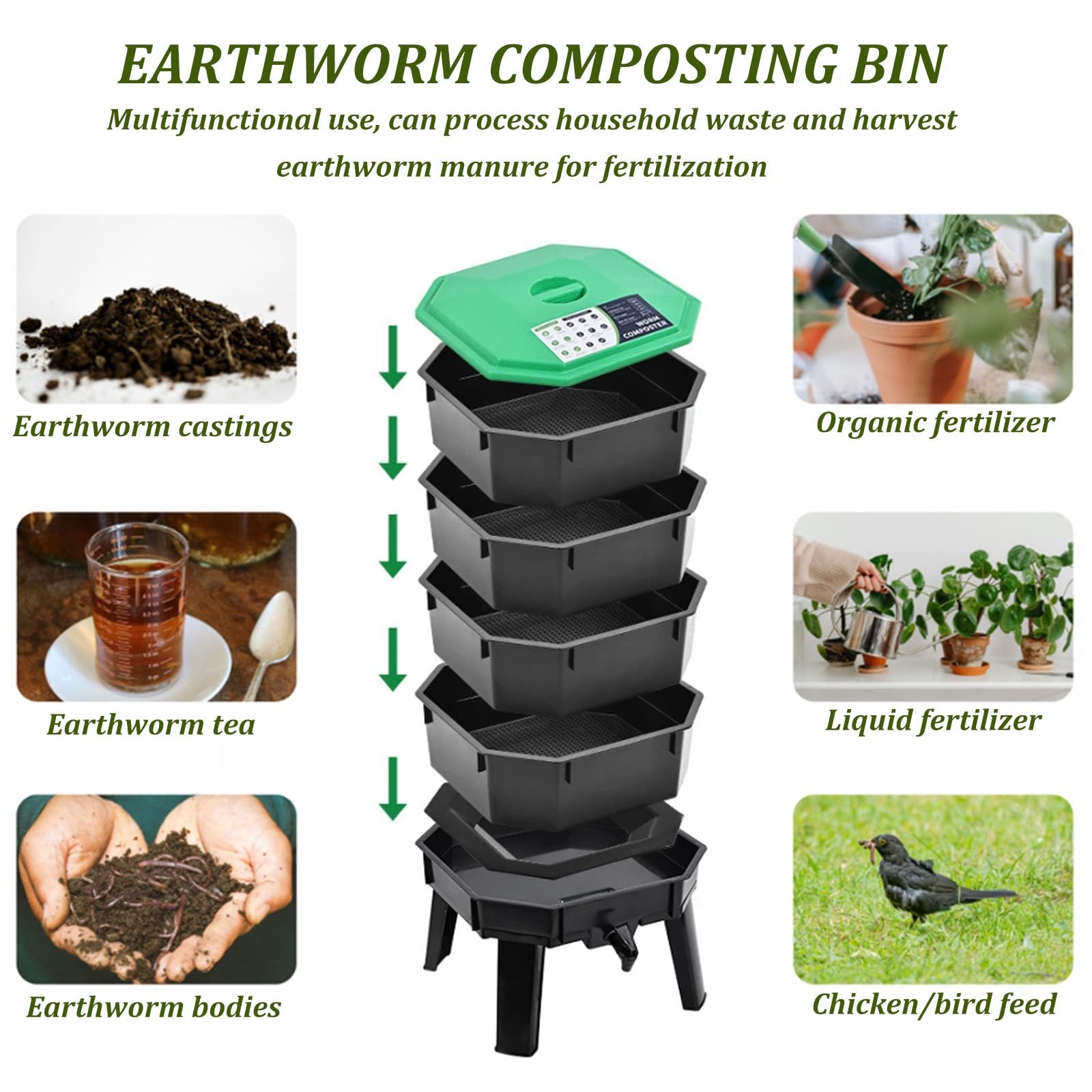 Cubo de basura para compostaje de gusanos de 80 L, 5 bandejas para reciclaje de residuos de alimentos al aire libre con sistema de drenaje eficiente para jardinería sostenible