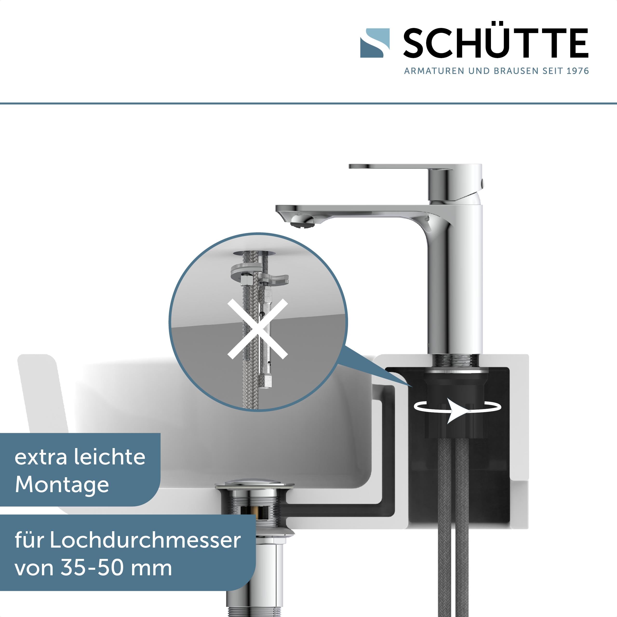 SCHÜTTE Waschtischarmatur MONTANA 32310, Wasserhahn Bad mit Ablaufgarnitur, Armatur Badezimmer, Einhebelmischer Badezimmer mit Pop Up Abflussstopfen, Mischbatterie Waschbecken, Chrom